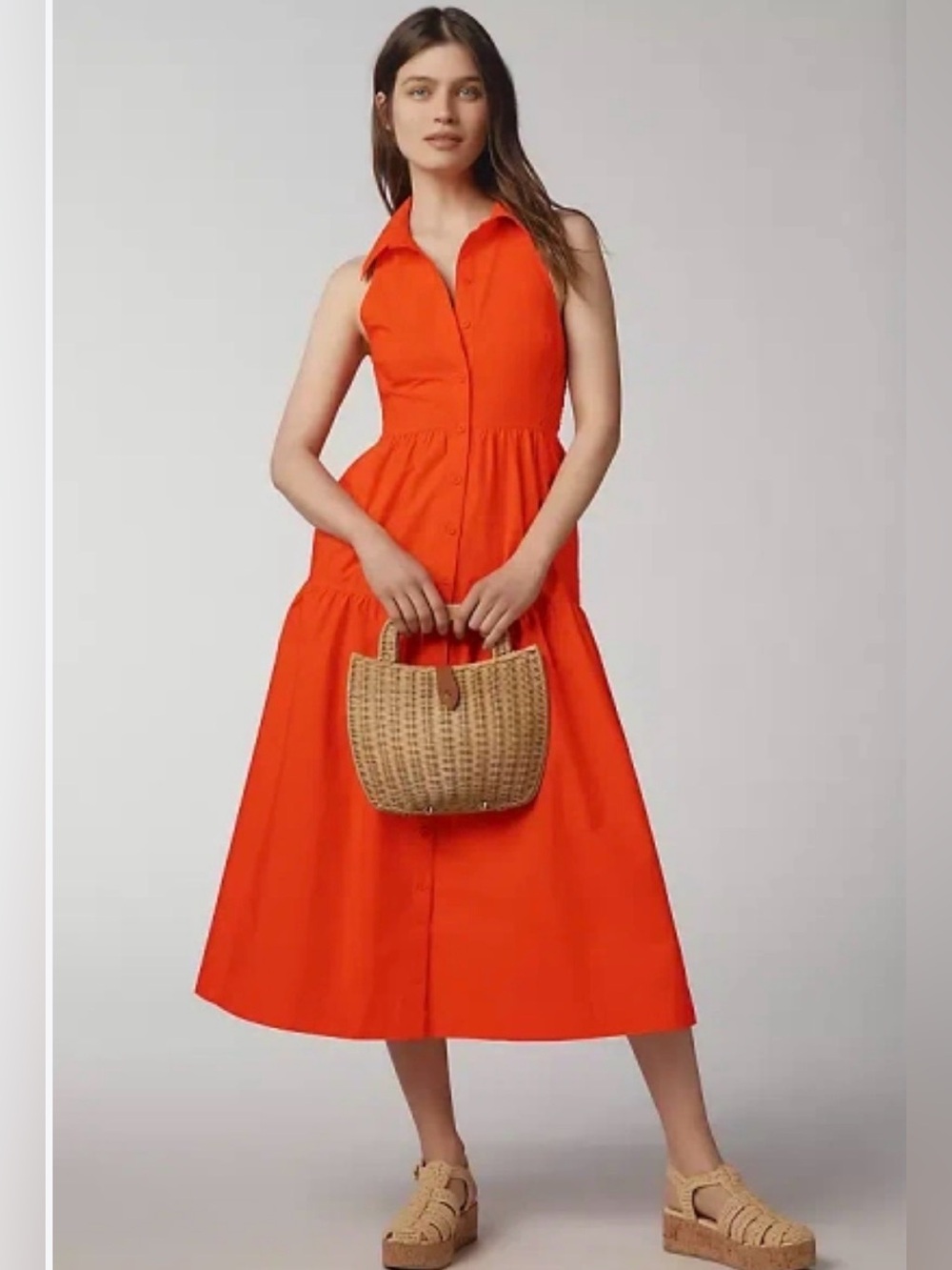 Anthropologie Maeve Sleeveless Tiered Cotton Midi Dress in Red